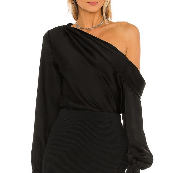 Jonathan Simkhai Alice Cold Shoulder Black Satin Top | Size L | $295 Revolve - Picture 1 of 6